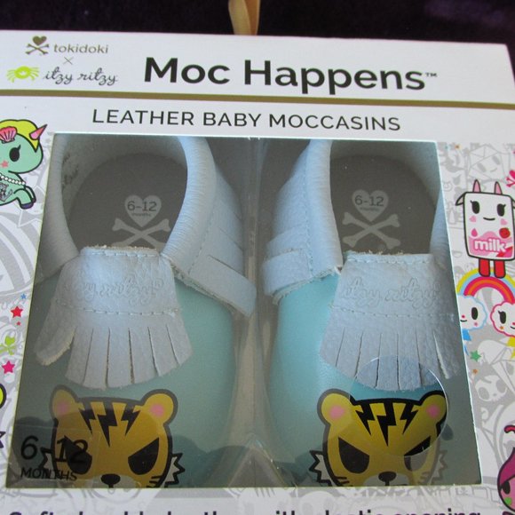 Tokidoki Itzy Ritzy Salaryman Blue Leather Baby Moccasins Size 6-12 Months - Picture 3 of 10